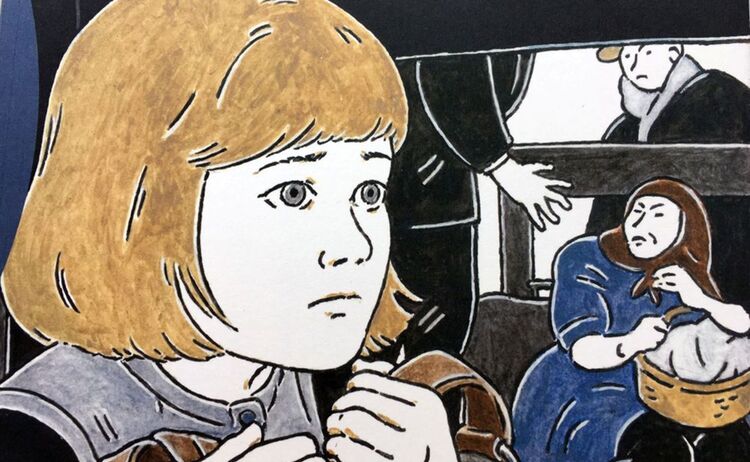 Ängstlich blickendes Mädchen im Wagon, im Hintergrund eine ältere Frau und zwei Männer. Titelbild „Die vertriebenen Kinder“, 2022, F. Loubat : Zum Vergrößern auf Bild klicken